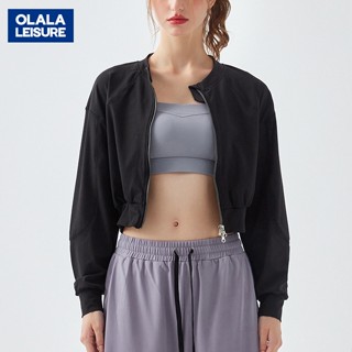 OLALA 雙頭拉鍊露腰夾克速乾緊身顯瘦運動瑜伽服羅紋短版外套女長袖上衣
