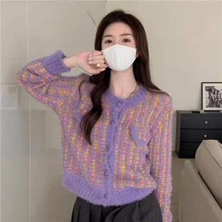 🌟Lovely愛出貨🌟 小香風短款法式紫色設計感外穿針織開衫女秋冬2023年新款毛衣外套