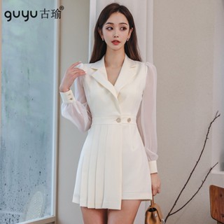 秋冬正韓洋裝【S-XL】2023新款不對稱白色百褶白色西裝洋裝短版小禮服 office洋裝