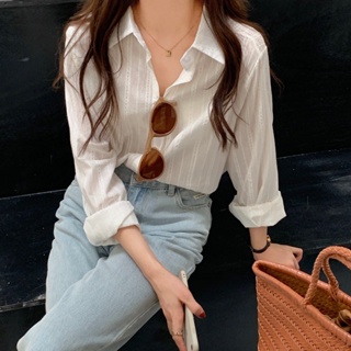 韓系女版休閒寬鬆氣質翻領單排扣簡約百搭條紋長袖襯衫