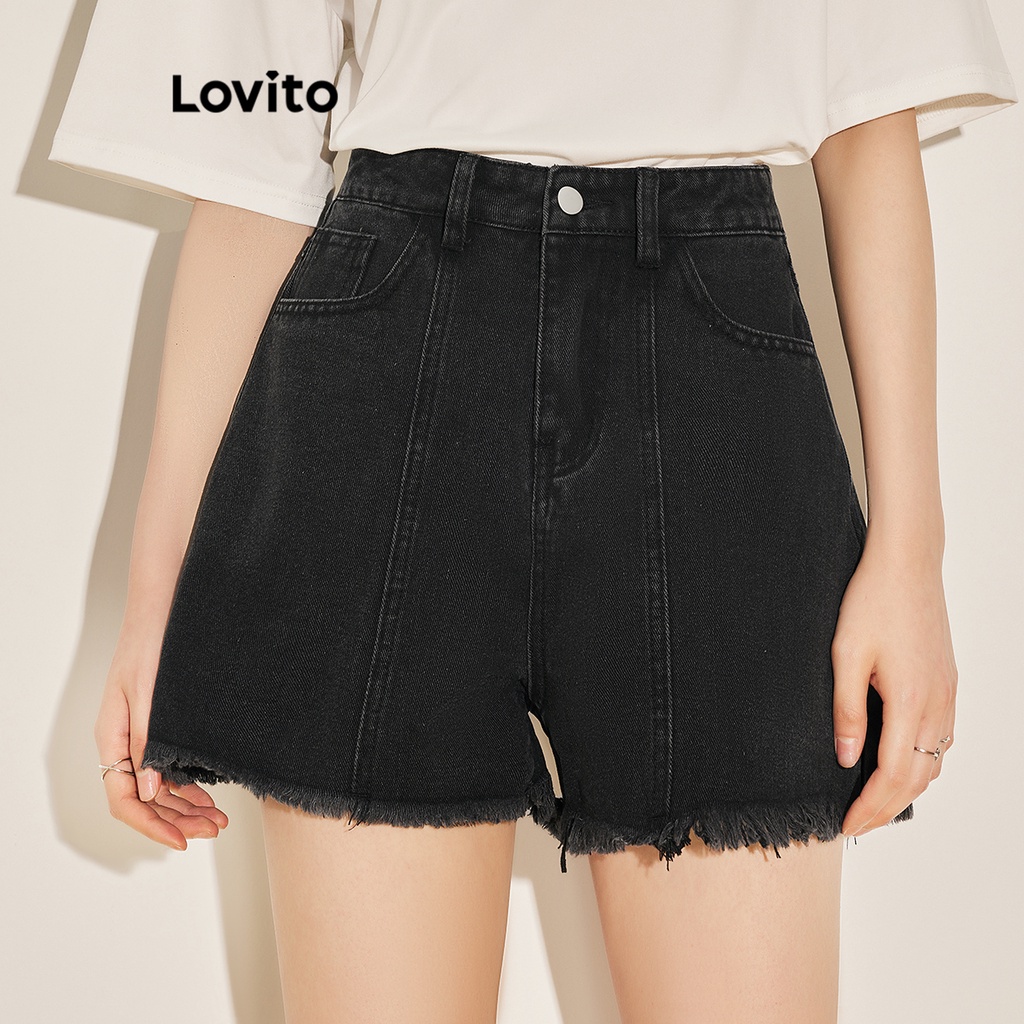 Lovito 女士休閒素色填充毛邊牛仔短褲 L61AD117(黑色)