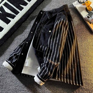 🌟Lovely愛出貨🌟M~3XL 男裝條紋牛仔拼接外套春秋季百搭痞帥INS潮高階潮牌休閒工裝夾克大尺碼 防風外套