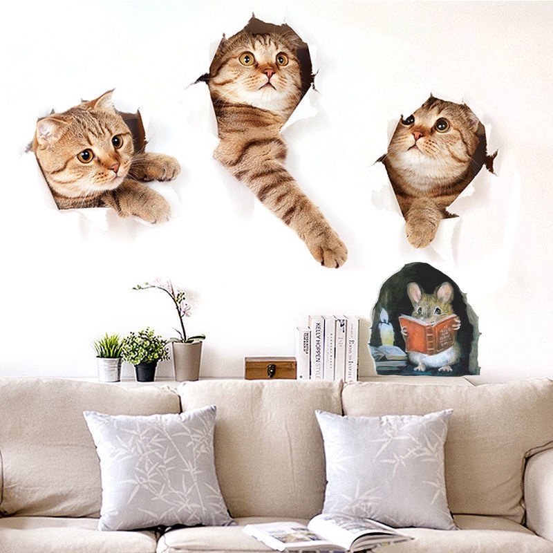 立體3D視覺創意貼紙 可愛仿真貓咪小老鼠 房間牆角落裝飾品 自粘壁畫 牆壁貼紙 房間貼紙