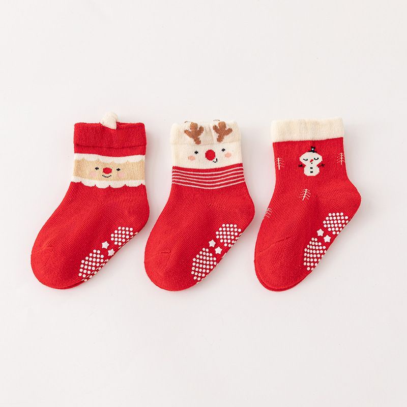 3雙寶寶純棉耶誕襪 防滑秋冬保暖中筒襪 嬰幼兒無骨地板襪 雪人耶誕老人襪