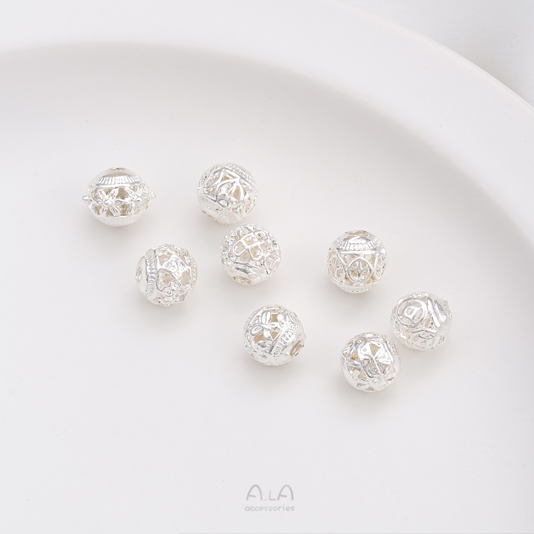 Ala-0209-高保色高品質---  保色包厚銀8mm鏤空花球中國結祥雲蝴蝶圓珠手工串珠飾品隔珠配件