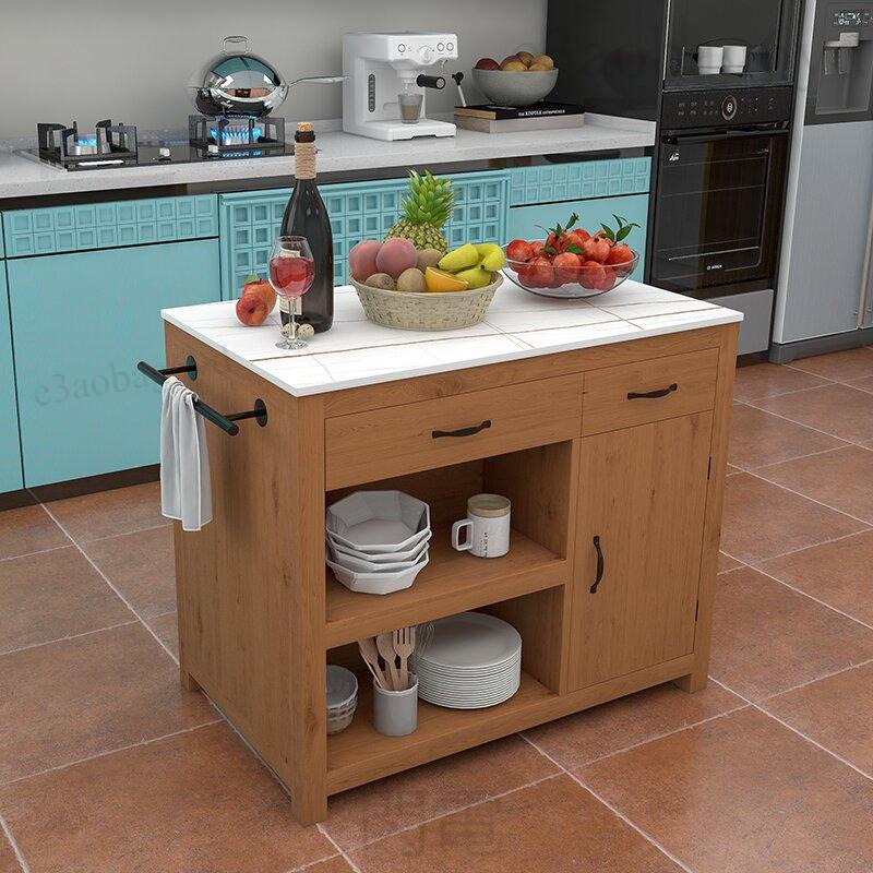 新品 廚房中島台單獨開放式美式實木餐邊櫃岩板儲物收納櫃可移動料理台