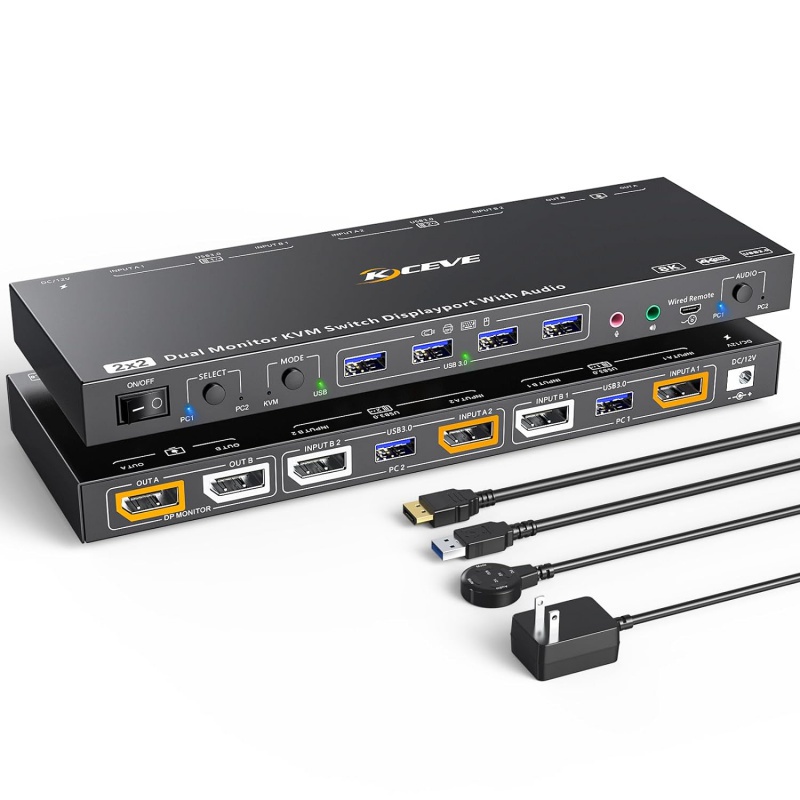 帶音訊和4個USB 3.0埠的聲控雙監視器KVM交換機支持鍵盤滑鼠的KVM和USB模式