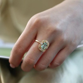 復古宮廷風橄欖綠方形戒指 精工鑲嵌薄荷綠女士戒指可調整