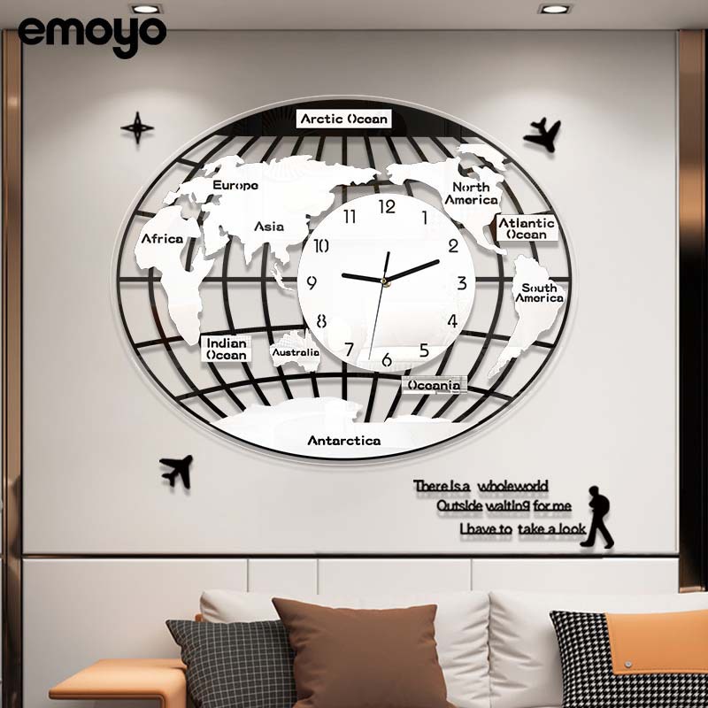 現貨  現代簡約大氣3D立體牆面裝飾鐘錶 創意世界地圖掛鐘 客廳靜音石英鐘
