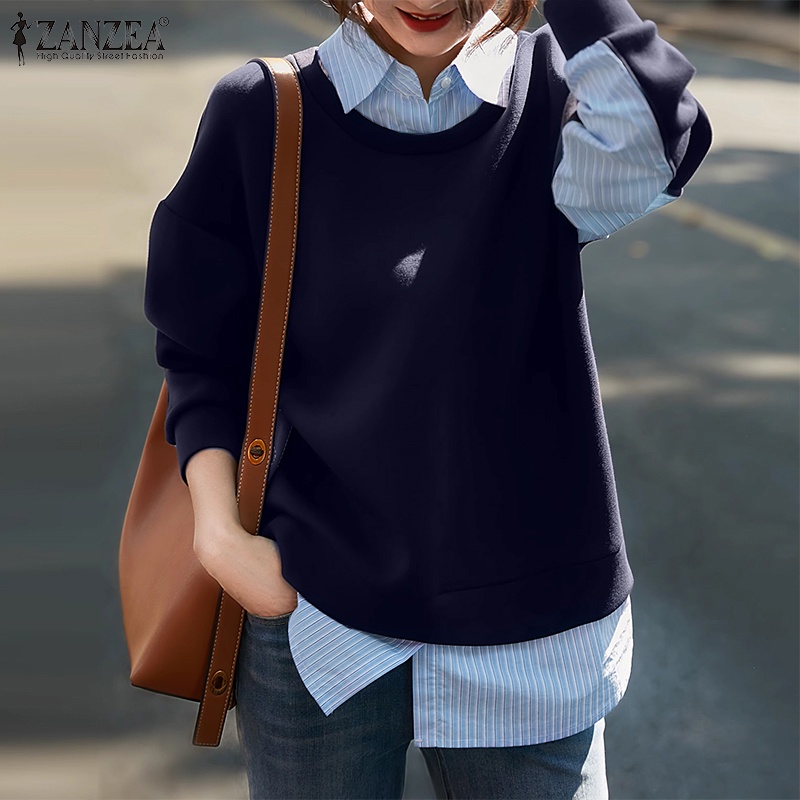 Zanzea 女式韓版時尚假兩件拼布條紋運動衫