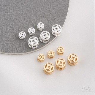 Ala-0209-高保色高品質-- 14K包金厚銀保色鏤空銅錢大孔珠手鍊編織皮繩隔珠手工diy串珠配件