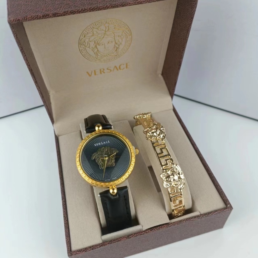 凡賽斯 Versace VERSACE VERSACE 石英機芯小牛皮手鍊套裝時尚手鍊配黑色錶盤