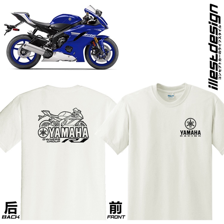 山葉 23 Moto Tee: Yamaha R 系列自行車設計白色短袖進口 T 恤。 雅馬哈 R1M R1 R6 R3