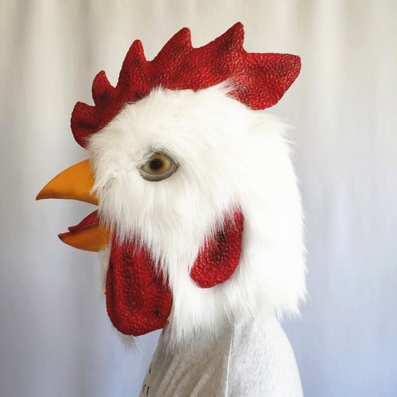 現貨  新白色毛絨公雞頭套 乳膠面具雞頭搞笑動物裝扮COS萬聖節舞會面罩