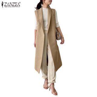 Zanzea 女式韓版翻領寬鬆無袖口袋純色西裝外套
