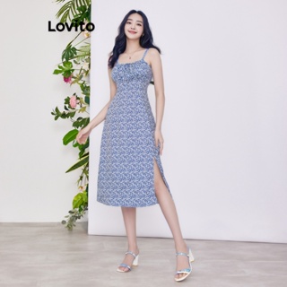 Lovito 波西米亞女式花朵褶飾繫帶開衩洋裝 LBE02034（深藍）