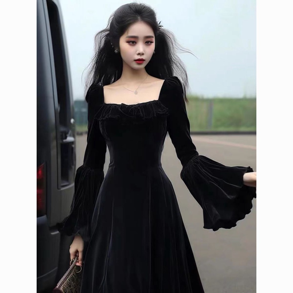 【春季上新】洋裝春季新款 洋裝洋裝 復古洋裝 宮廷風絲絨洋裝秋 法式赫本風黑色長袖洋裝