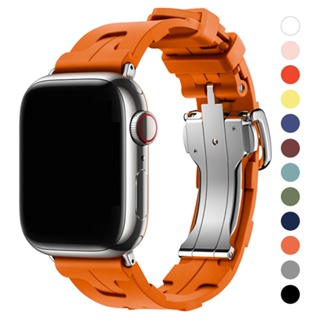 軟橡膠錶帶錶帶金屬扣手鍊兼容 Apple Watch Ultra 49/45/44/42/41/40/38mm IWat