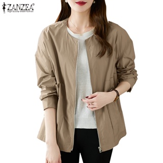 Zanzea 女式韓版休閒長袖口袋圓領純色夾克