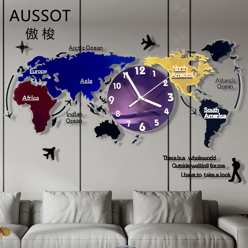鐘錶裝飾 世界歐式靜音 新款大氣 掛鐘時鐘彩色地圖藝術亞克力客廳
