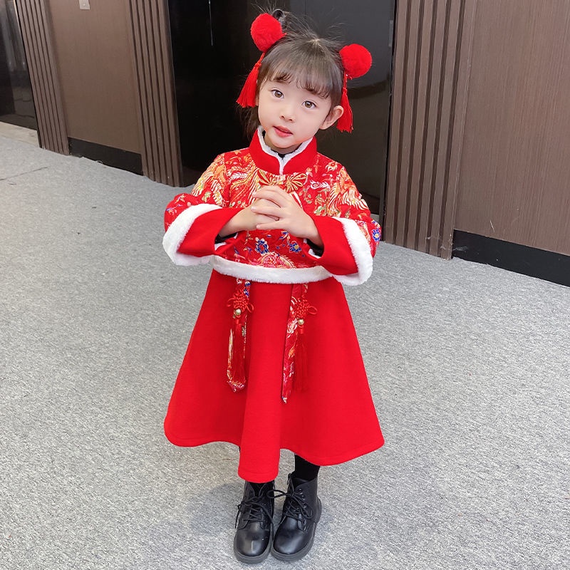女童旗袍洋裝拜年服兒童中國風唐裝兒童漢服過年女寶古著冬款