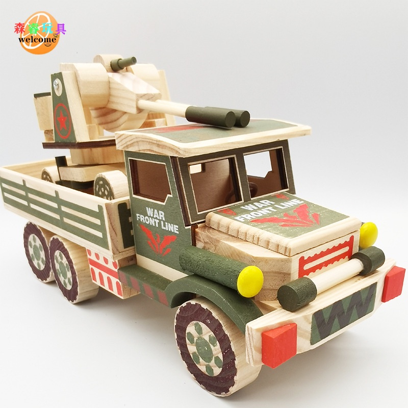 🌈木製兒童禮物玩具軍事汽車模型木質彩色軍車
