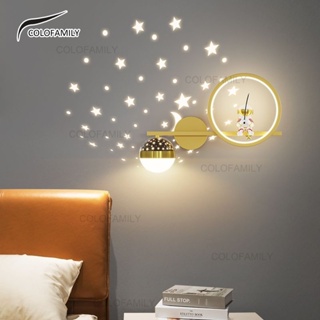 3色太空人星空投影LED壁燈臥室床頭燈太空人星星月亮兒童房間創意壁燈