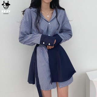 牛奶少女【美到窒息】韓版chic早秋季新款氣質抽繩條紋襯衫洋裝洋裝女個性疊穿兩件套裙子