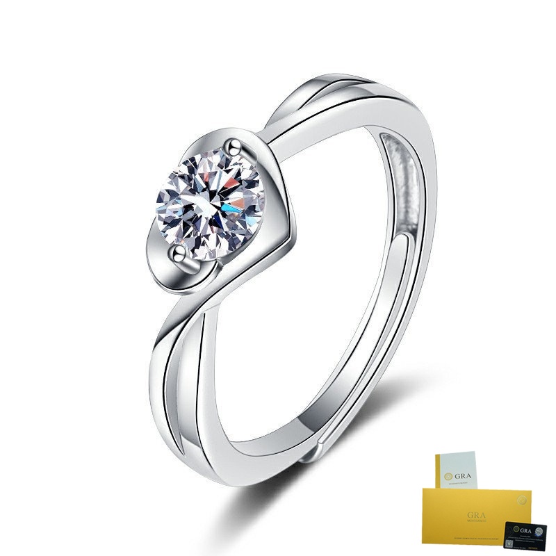 [GRA證書]莫桑鑽白鑽婚戒心形鏤空十字圓形鑽石開口戒指