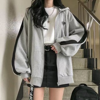 新款拼色字母印花寬鬆休閒韓版原宿風連帽衫秋季拉鍊長袖上衣