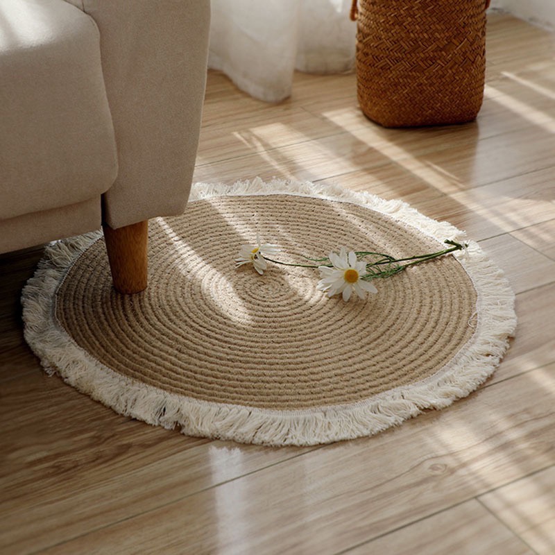 日式黃麻編製流蘇地墊陽臺民宿地鋪茶幾墊圓形地毯簡約ins床邊毯