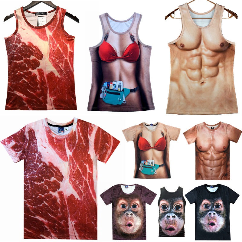 ♘3D創意五花肉衣服 牛肉豬肉印花t恤衫 男女搞怪肌肉短袖 網紅T恤衫 年會表演惡搞笑道具衣服 搞笑猩猩猴子T恤❉