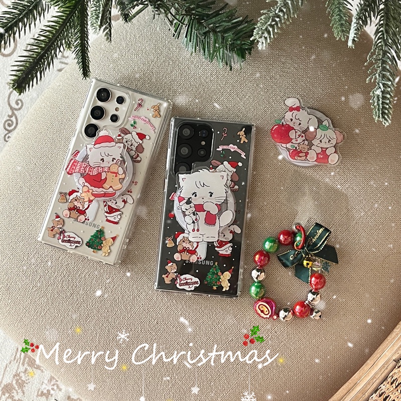 聖誕節水晶磁吸手機保護殼 日系mikko小熊兔子立架手鏈 適用三星s22ultra//s22/s23+/s23ultra