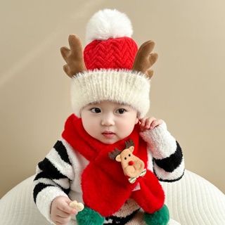 新年嬰兒 紅色 聖誕毛線帽子 圍巾 套裝 秋冬季 喜慶洋氣 兒童寶寶 針織帽