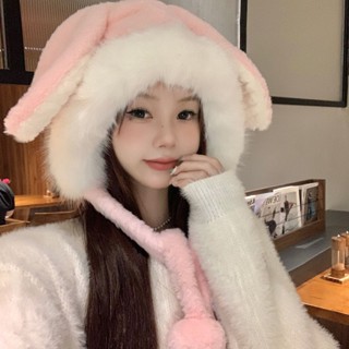 新款日系可愛兔耳朵毛絨帽子 雷鋒帽 女秋冬季騎車加厚保暖帽 綁帶加厚防風帽 雪地帽 毛線帽 包頭帽 防寒帽