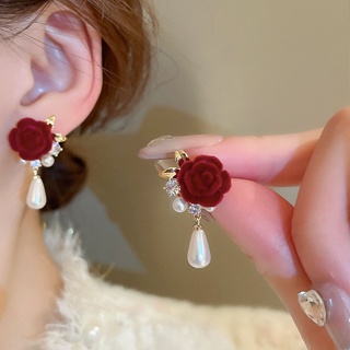 鋯石珍珠玫瑰花耳環復古輕奢氣質蝴蝶結耳墜時尚耳飾