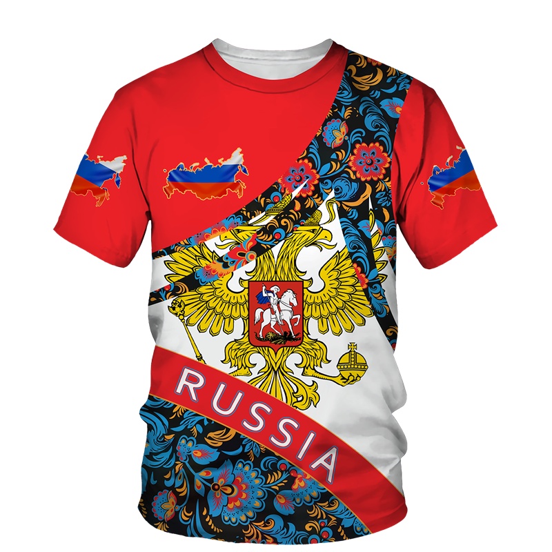 俄羅斯男士 T 恤休閒夏季圓領俄羅斯國旗短袖上衣男士服裝街頭服飾超大 T 恤