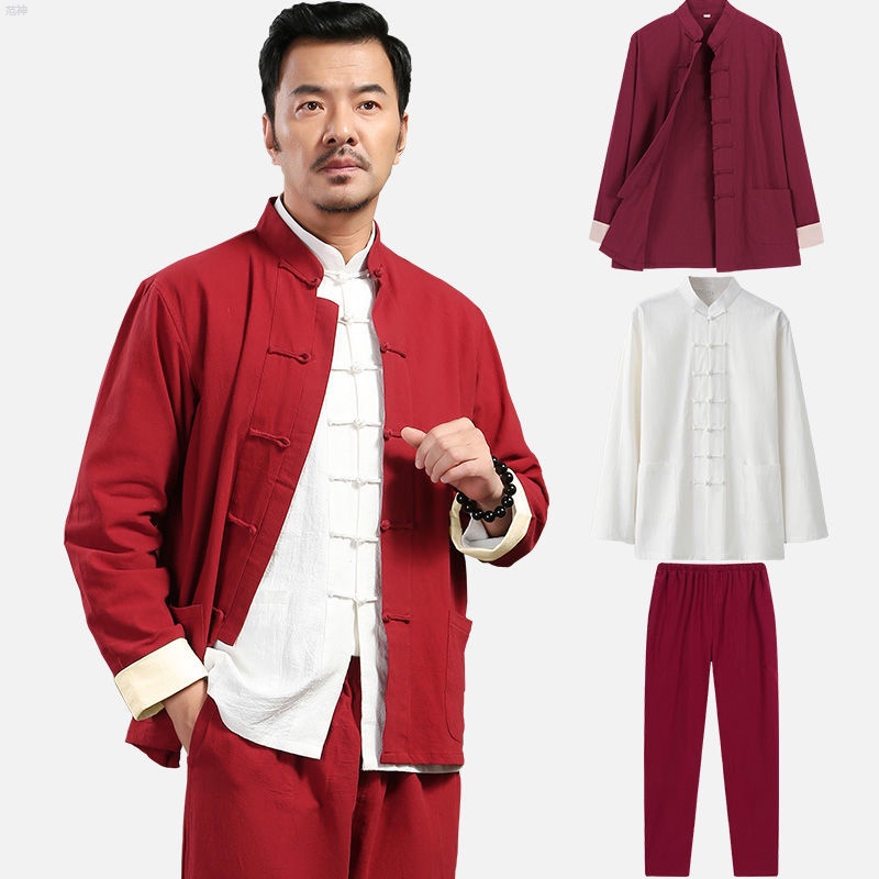 唐裝男套裝中式男裝茶服男古風棉麻古著三件式居士服中國風禪修服