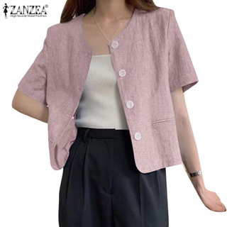 Zanzea 女式韓版休閒時尚圓領短袖寬鬆口袋西裝外套