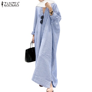 Zanzea 女式韓版休閒寬鬆條紋長袖開叉下擺連衣裙