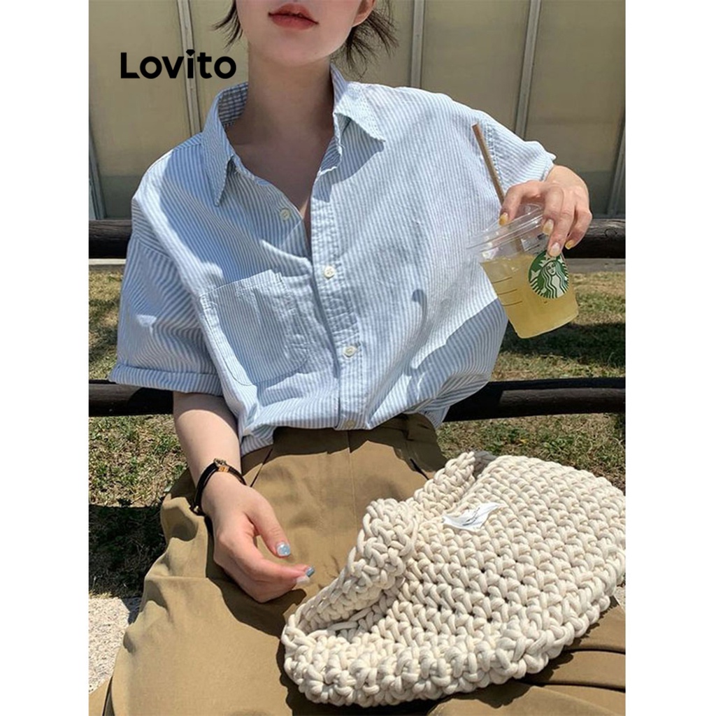 Lovito 女式休閒條紋鈕扣前袋圖案襯衫 LNE16225（藍色）