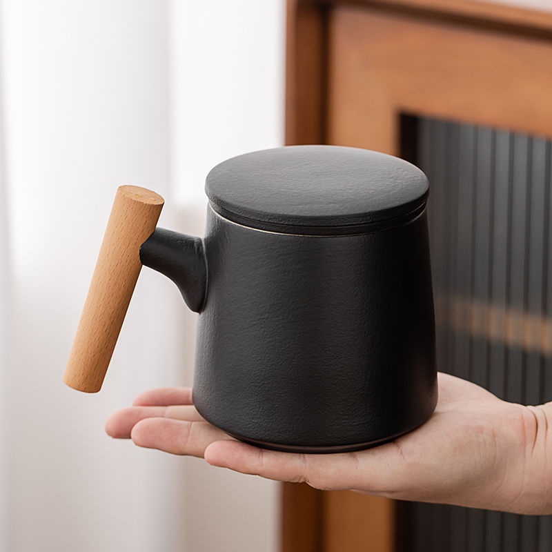 【G-Plus Studio】【5色】創意木柄杯子 陶瓷泡茶杯 帶蓋 茶水分離杯 過濾水杯 家用 辦公杯 禮品杯