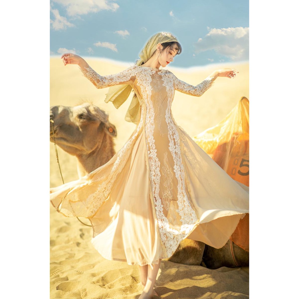 迪拜服裝女土耳其民族風洋裝新疆旅遊穿搭沙特中東長袍黃色裙子