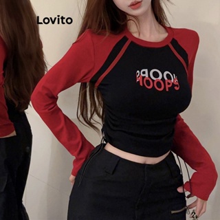 Lovito 女款休閒素色拼色圖案T恤 LNA34006 (白色/紅色)