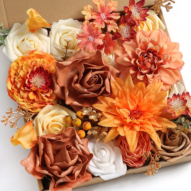 人造花盒套裝絲綢假花diy蛋糕裝飾婚禮花束家居裝飾情人節禮物橙色花