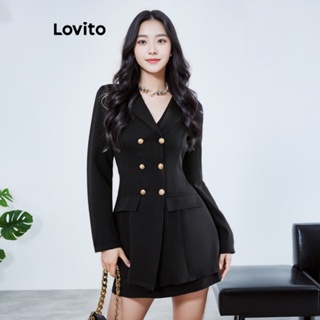 Lovito 大尺碼優雅素色雙扣金屬西裝領女式裙子套裝 LBE01047 （黑色）