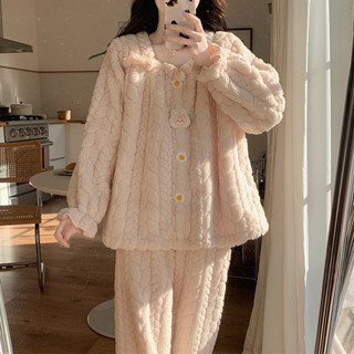 ✨免運✨ 珊瑚絨睡衣女鼕季公主風鼕天提花鞦鼕款加絨加厚法蘭絨毛絨傢居服