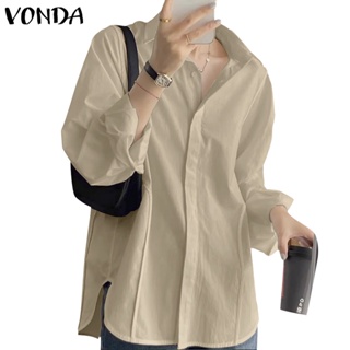 Vonda 女士韓版休閒襯衫領隱藏式正面長袖純色寬鬆襯衫