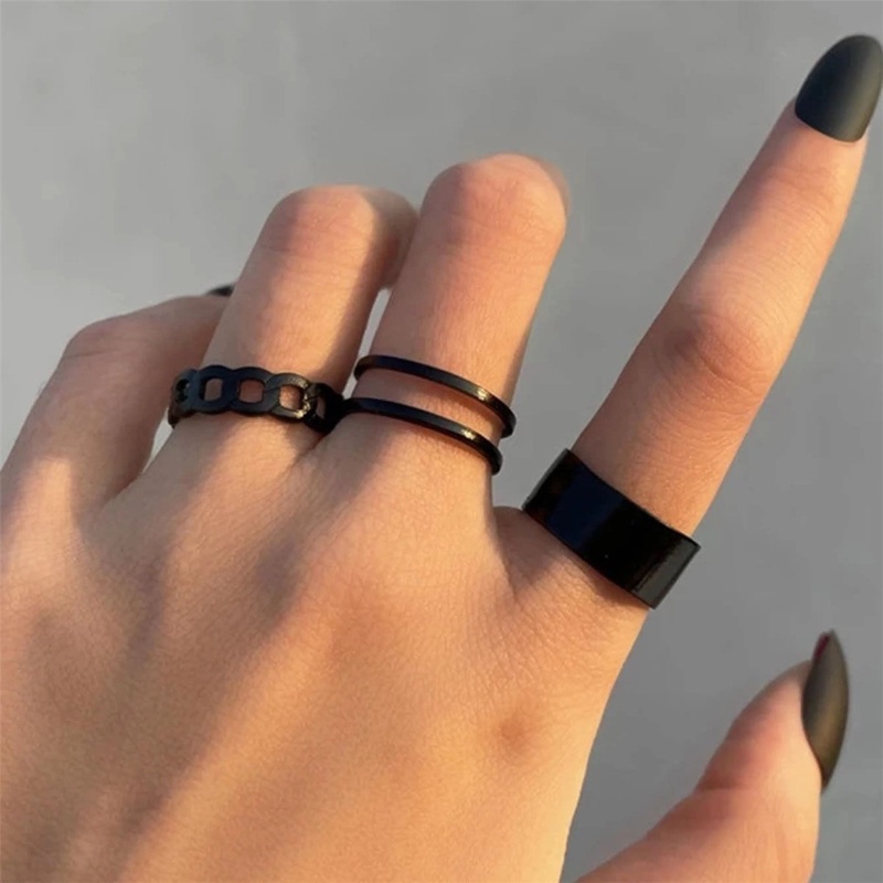 新款黑色復古三件式戒指女藝文復古食指關節套戒時尚個性小眾冷淡風ins潮配飾