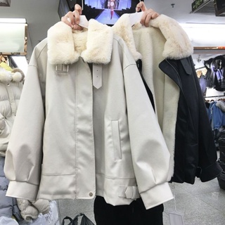 AI BEN 機車服PU皮衣 皮毛 棉衣 一件式短外套 女冬季新款韓版 寬鬆BF羔羊毛夾克